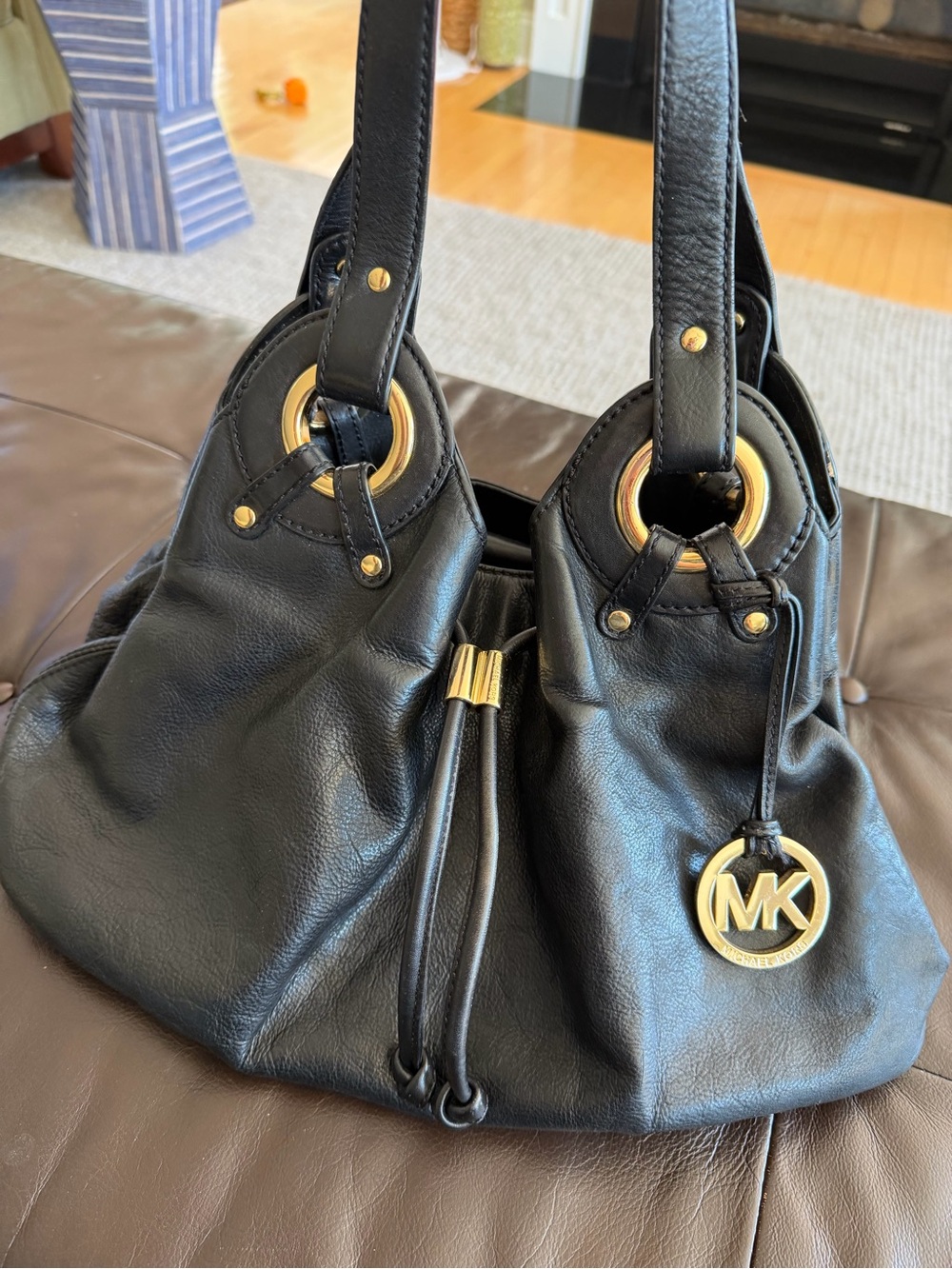 Michael Kors Black Leather Drawstring Shoulder Tote with Gold Hardware